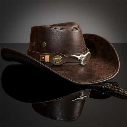Cowboy Hat - Western for Men Wide Brim Faux Leather for Summer Outdoor Parties Rodeo - product detail view 7