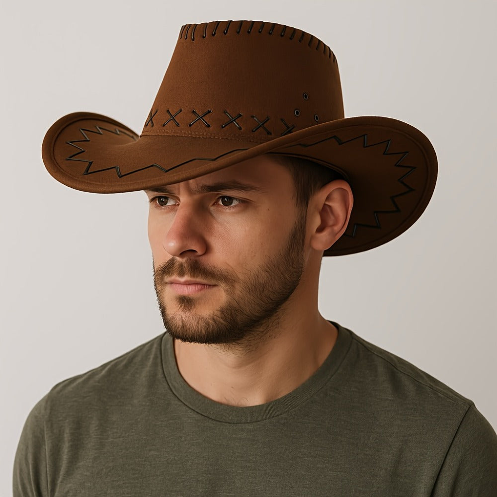 Cowboy Hat - Western for Men Wide Brim Faux Leather for Summer Outdoor Parties Rodeo - product detail view 8