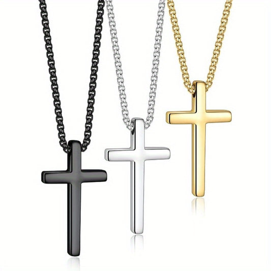 Cross Necklace - for Men 3Pcs Set Stainless Steel Pendant Chain Silver Black Gold Tone - main product view