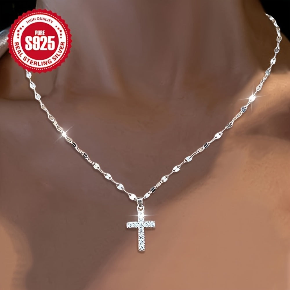 Cross Necklace - 925 Sterling Silver Layered Set 3pcs for Women | CZ Heart Lip Pendant - product detail view 3