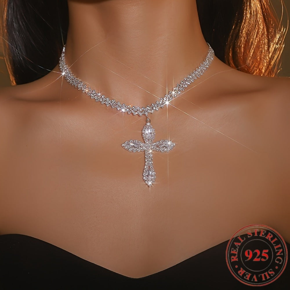 Cross Necklace - 925 Sterling Silver Pendant for Women - Luxury Sparkling Zirconia Charm - product detail view 7