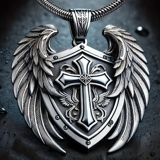 Cross Necklace - Angel Wings Pendant Men 316L Stainless Steel Shield Hip Hop Jewelry - main product view