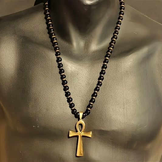 Cross Necklace - Ankh Natural Gemstone Beaded Macrame Adjustable in Black Onyx & Tiger's - main product view