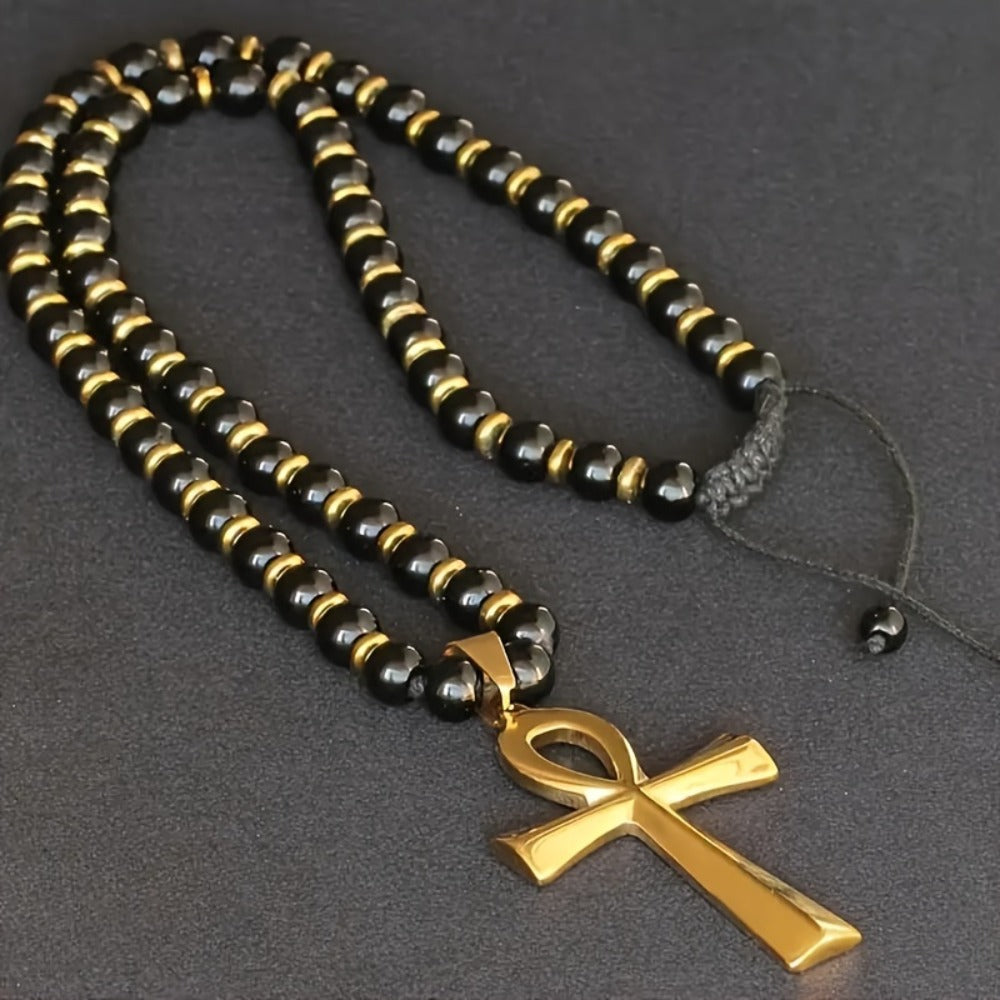 Cross Necklace - Ankh Natural Gemstone Beaded Macrame Adjustable in Black Onyx & Tiger's - product detail view 5