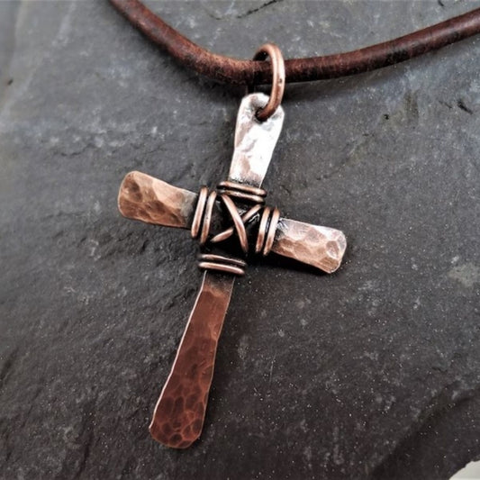 Cross Necklace - Copper Vintage Hammered Wire Wrapped Unisex Handcrafted Christian Jewelry - main product view