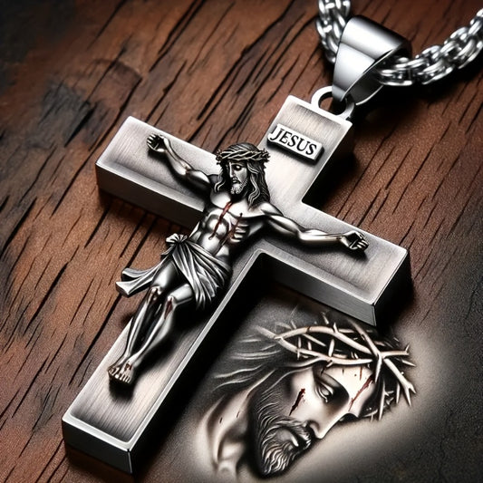 Cross Necklace - Jesus for Men - Vintage Thorn Crown Pendant Christian Religious Jewelry - main product view