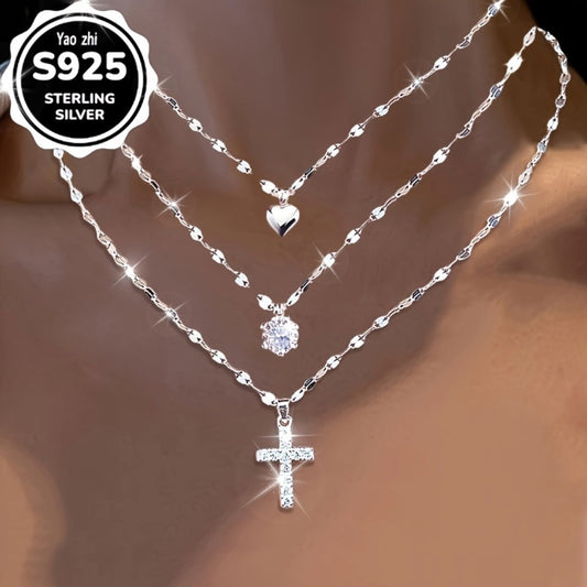Cross Necklace - Lip 925 Sterling Silver with Cubic Zirconia & Heart Charm - Boho Sexy - main product view