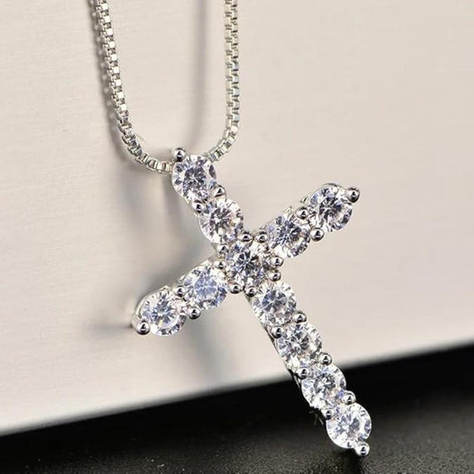 Cross Necklace - Moissanite 925 Sterling Silver 11ct, Sparkling Diamond Alternative Pendant - main product view