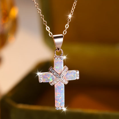 Cross Necklace - Opal for Women Rose Gold Plated Stainless Steel Pendant, White Synthetic - main product view