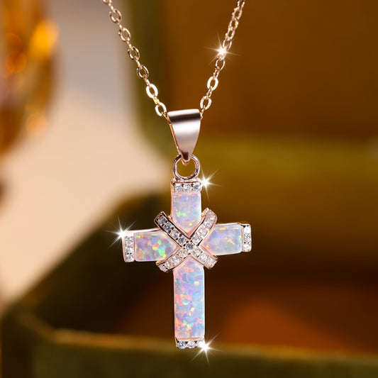 Cross Necklace - Opal for Women Rose Gold Plated Stainless Steel Pendant, White Synthetic - main product view