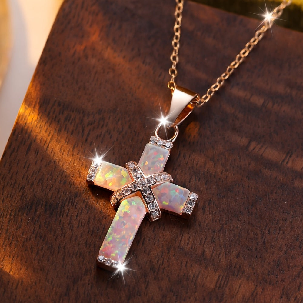 Cross Necklace - Opal for Women Rose Gold Plated Stainless Steel Pendant, White Synthetic - product detail view 2