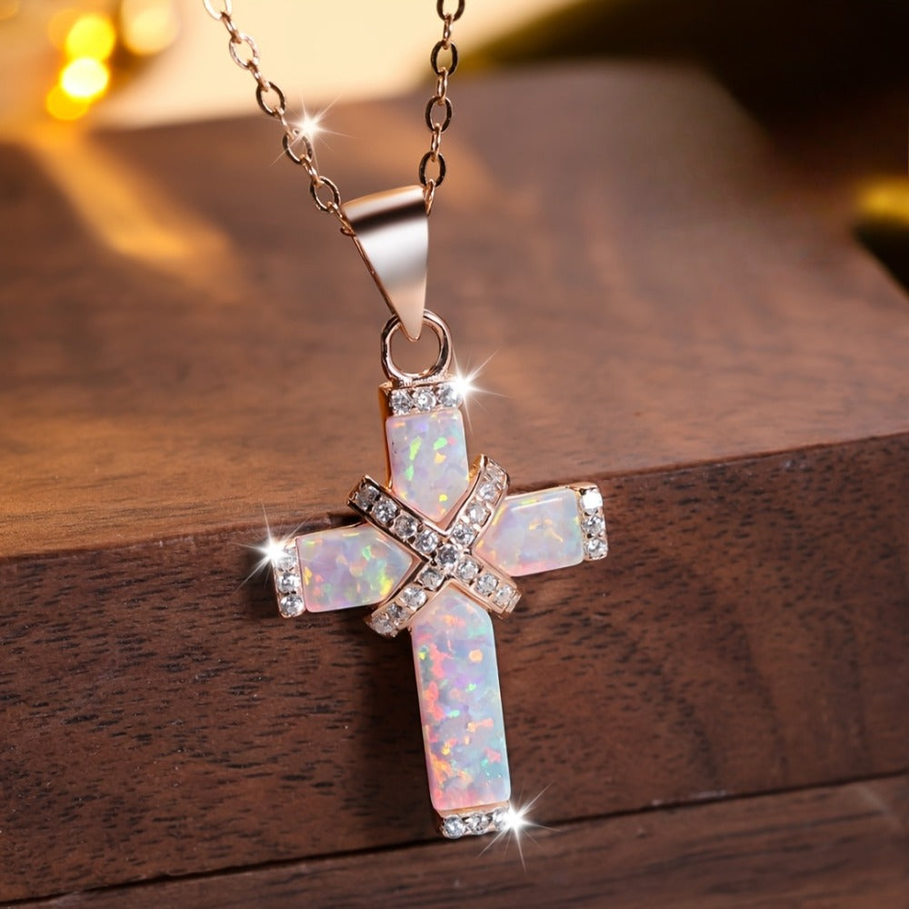 Cross Necklace - Opal for Women Rose Gold Plated Stainless Steel Pendant, White Synthetic - product detail view 3