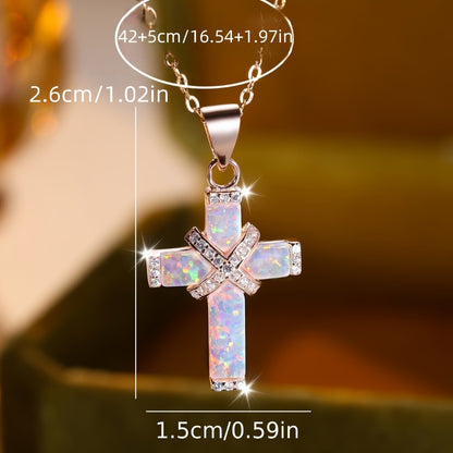 Cross Necklace - Opal for Women Rose Gold Plated Stainless Steel Pendant, White Synthetic - product detail view 4