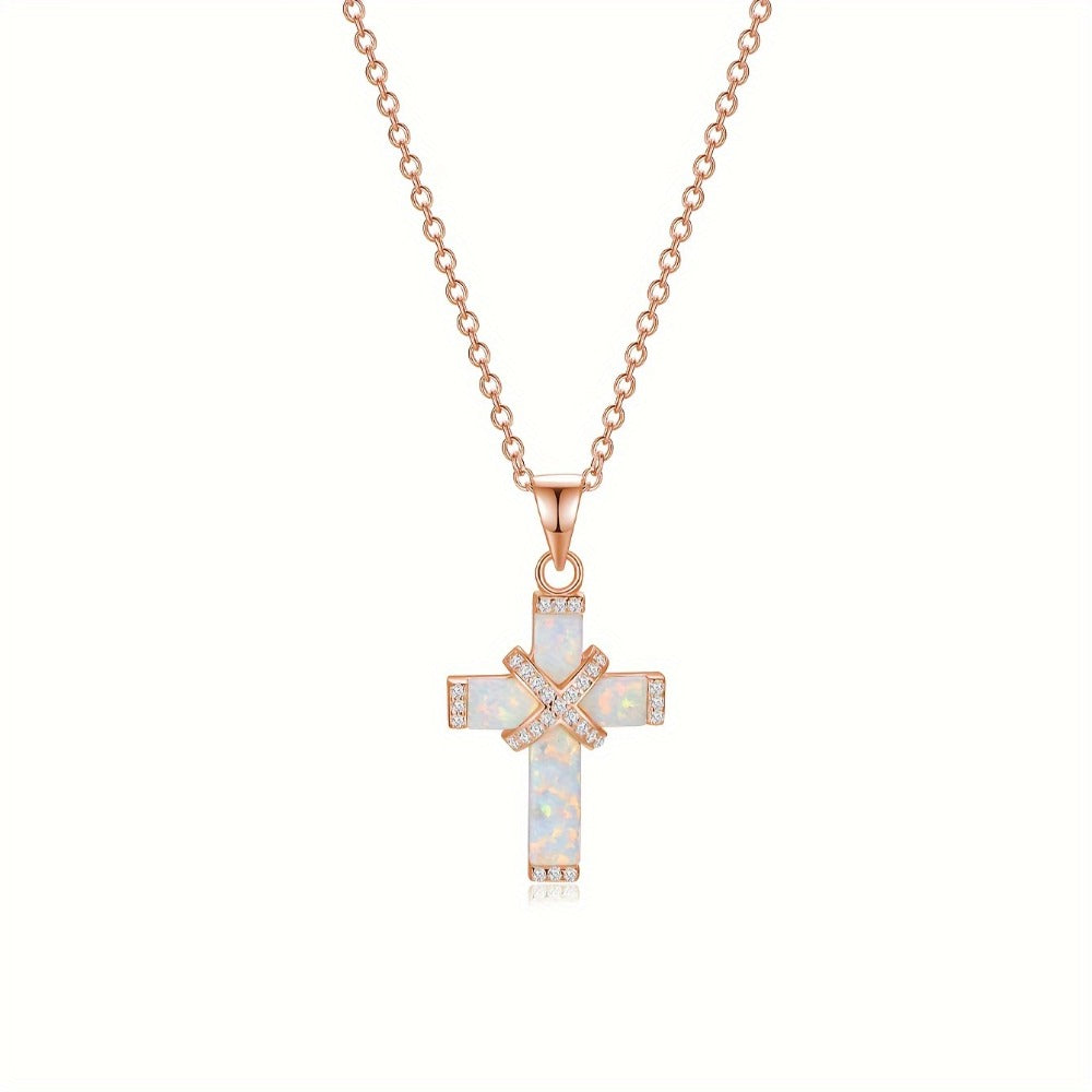 Cross Necklace - Opal for Women Rose Gold Plated Stainless Steel Pendant, White Synthetic - product detail view 5