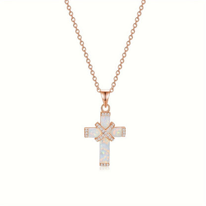 Cross Necklace - Opal for Women Rose Gold Plated Stainless Steel Pendant, White Synthetic - product detail view 5