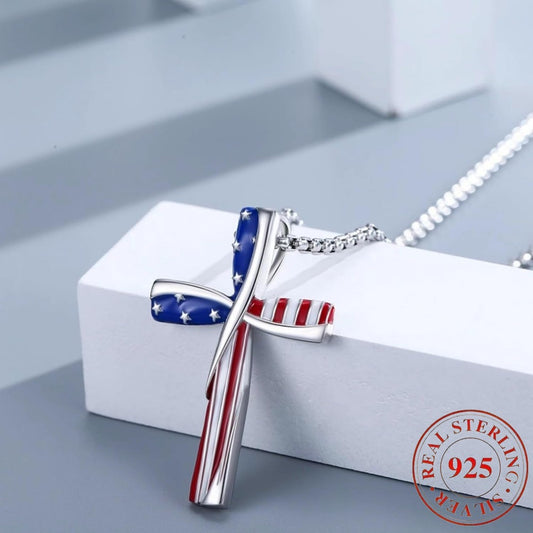 Cross Necklace - Patriotic Pendant American Flag Red White Blue Star Spangled Banner, 925 - main product view