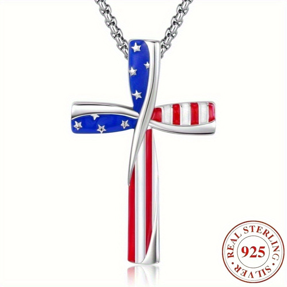 Cross Necklace - Patriotic Pendant American Flag Red White Blue Star Spangled Banner, 925 - product detail view 2