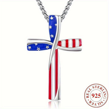Cross Necklace - Patriotic Pendant American Flag Red White Blue Star Spangled Banner, 925 - product detail view 2