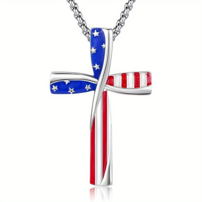 Cross Necklace - Patriotic Pendant American Flag Red White Blue Star Spangled Banner, 925 - product detail view 5
