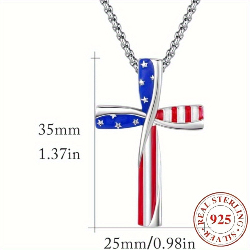 Cross Necklace - Patriotic Pendant American Flag Red White Blue Star Spangled Banner, 925 - product detail view 6