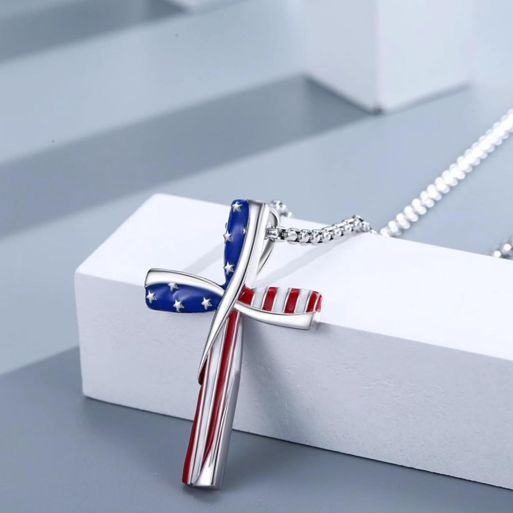 Cross Necklace - Patriotic Pendant American Flag Red White Blue Star Spangled Banner, 925 - product detail view 7