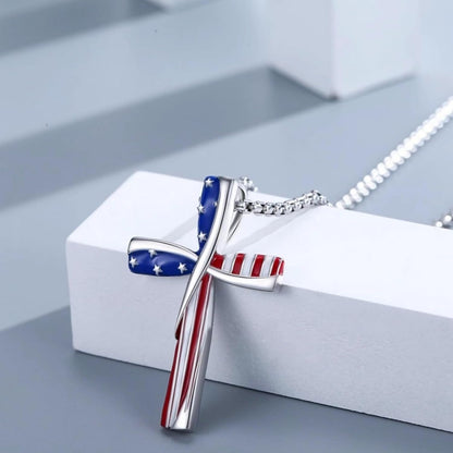 Cross Necklace - Patriotic Pendant American Flag Red White Blue Star Spangled Banner, 925 - product detail view 7