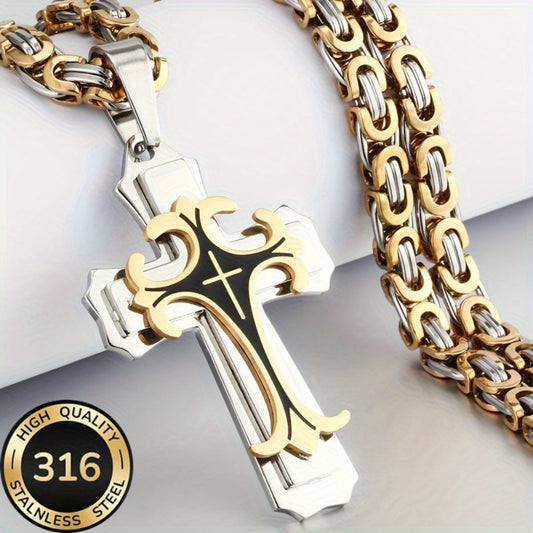 Cross Necklace - Pendant 316L Stainless Steel Two-Tone Silver Gold Hypoallergenic Double - main product view