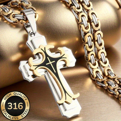 Cross Necklace - Pendant 316L Stainless Steel Two-Tone Silver Gold Hypoallergenic Double - product detail view 2