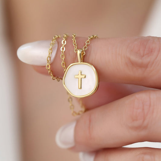 Cross Necklace - Pendant for Women Gold Enamel Irregular Shape Hypoallergenic Stainless - main product view