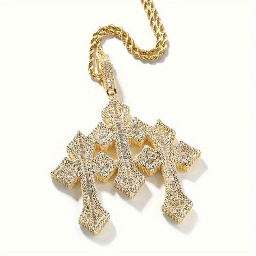 Cross Necklace - Pendant Men Hip Hop 3-Layer Retro Luxury Design, Cubic Zirconia Inlaid, 24 - product detail view 2