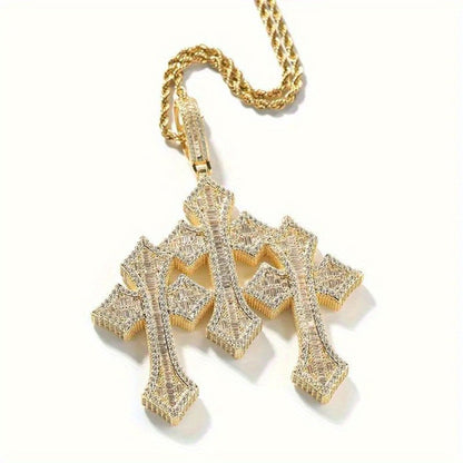 Cross Necklace - Pendant Men Hip Hop 3-Layer Retro Luxury Design, Cubic Zirconia Inlaid, 24 - product detail view 2