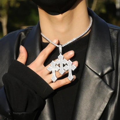 Cross Necklace - Pendant Men Hip Hop 3-Layer Retro Luxury Design, Cubic Zirconia Inlaid, 24 - product detail view 3
