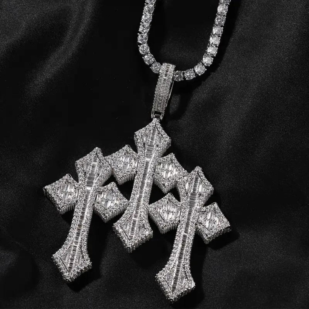 Cross Necklace - Pendant Men Hip Hop 3-Layer Retro Luxury Design, Cubic Zirconia Inlaid, 24 - product detail view 5