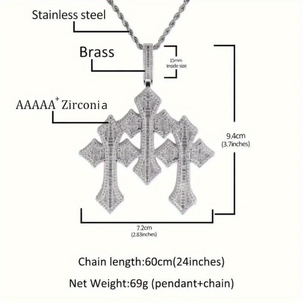 Cross Necklace - Pendant Men Hip Hop 3-Layer Retro Luxury Design, Cubic Zirconia Inlaid, 24 - product detail view 7