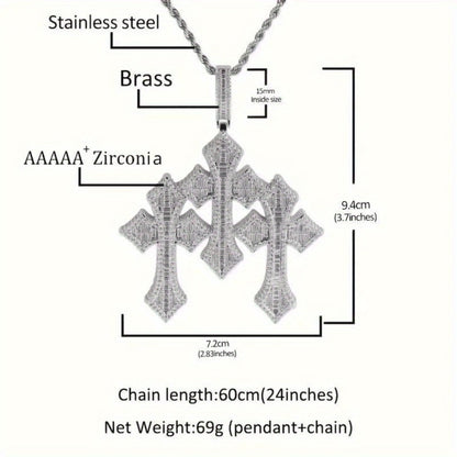 Cross Necklace - Pendant Men Hip Hop 3-Layer Retro Luxury Design, Cubic Zirconia Inlaid, 24 - product detail view 7