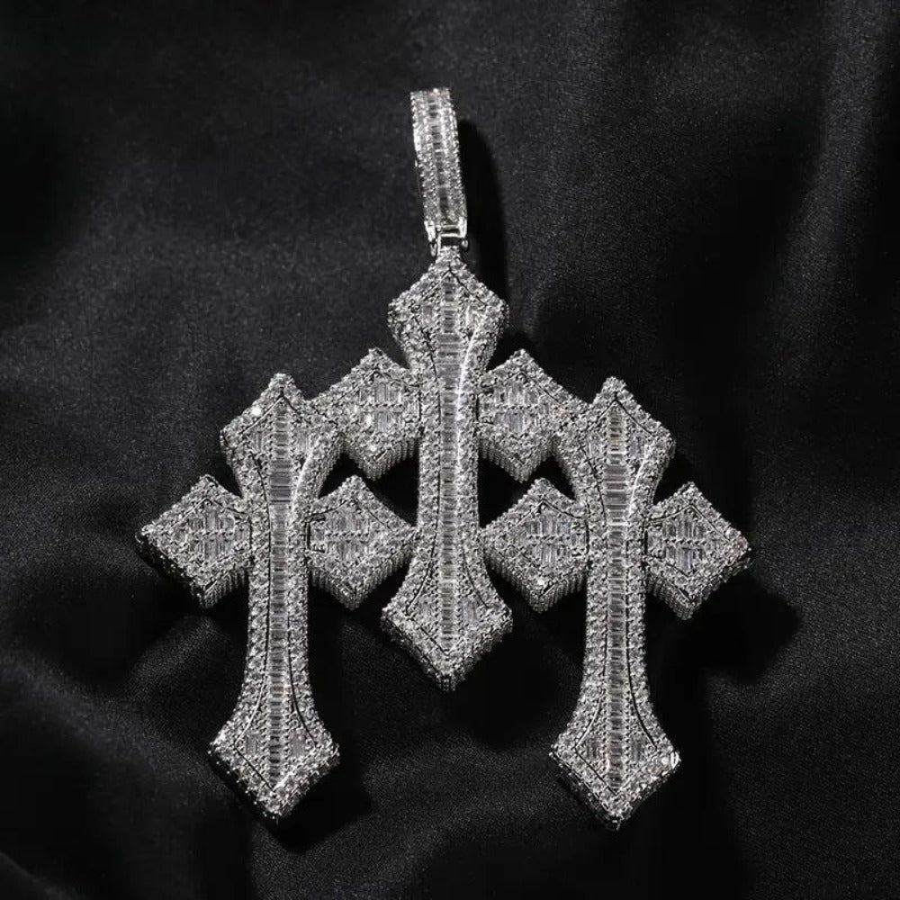 Cross Necklace - Pendant Men Hip Hop 3-Layer Retro Luxury Design, Cubic Zirconia Inlaid, 24 - product detail view 8