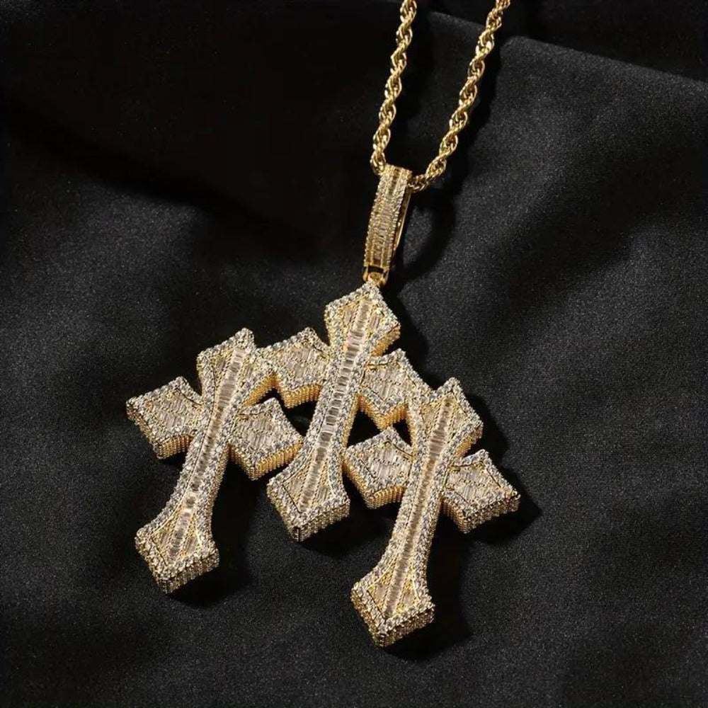 Cross Necklace - Pendant Men Hip Hop 3-Layer Retro Luxury Design, Cubic Zirconia Inlaid, 24 - product detail view 9