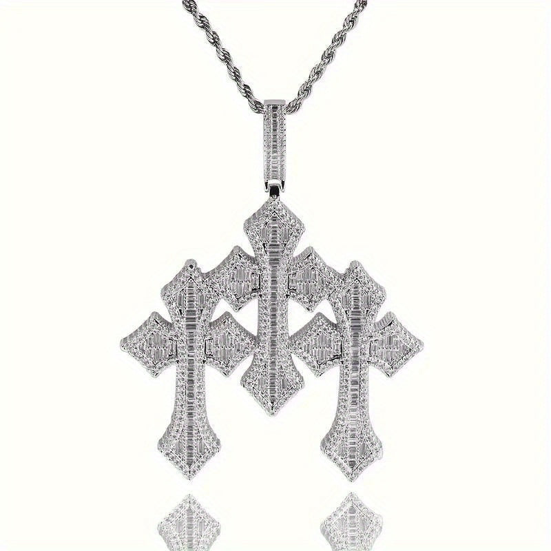 Cross Necklace - Pendant Men Hip Hop 3-Layer Retro Luxury Design, Cubic Zirconia Inlaid, 24 - product detail view 11