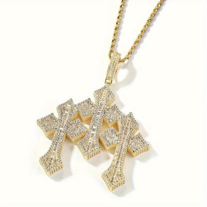 Cross Necklace - Pendant Men Hip Hop 3-Layer Retro Luxury Design, Cubic Zirconia Inlaid, 24 - product detail view 12