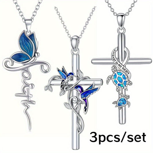 Cross Necklace - Pendant Set 3pcs Animal Charm Hummingbird Butterfly Turtle , Elegant - main product view