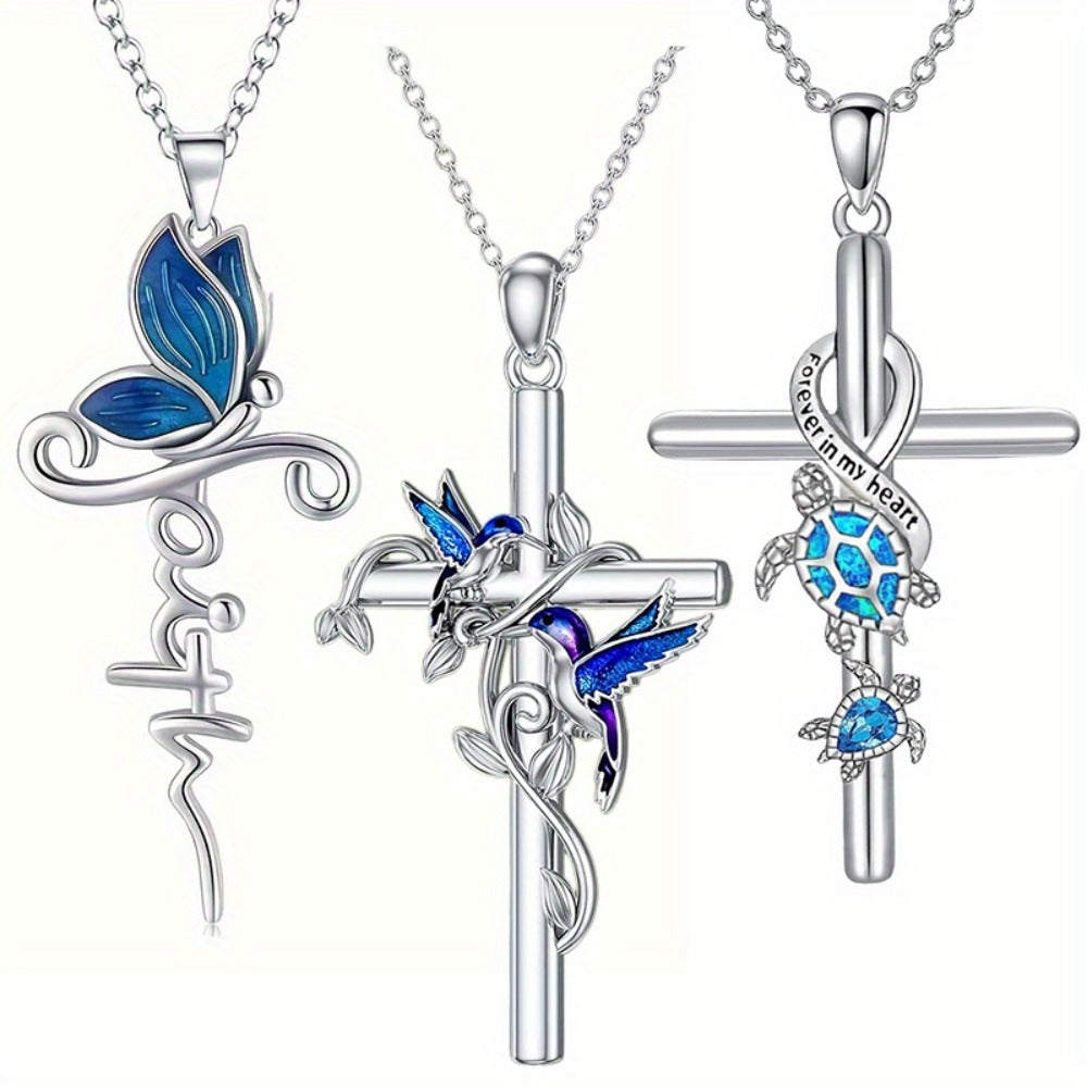 Cross Necklace - Pendant Set 3pcs Animal Charm Hummingbird Butterfly Turtle , Elegant - product detail view 9