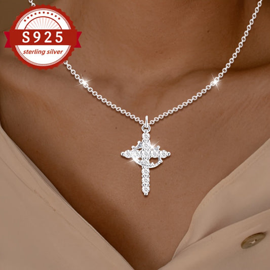 Cross Necklace - S925 Sterling Silver Crown Pendant Women Vintage Luxury Hypoallergenic - main product view