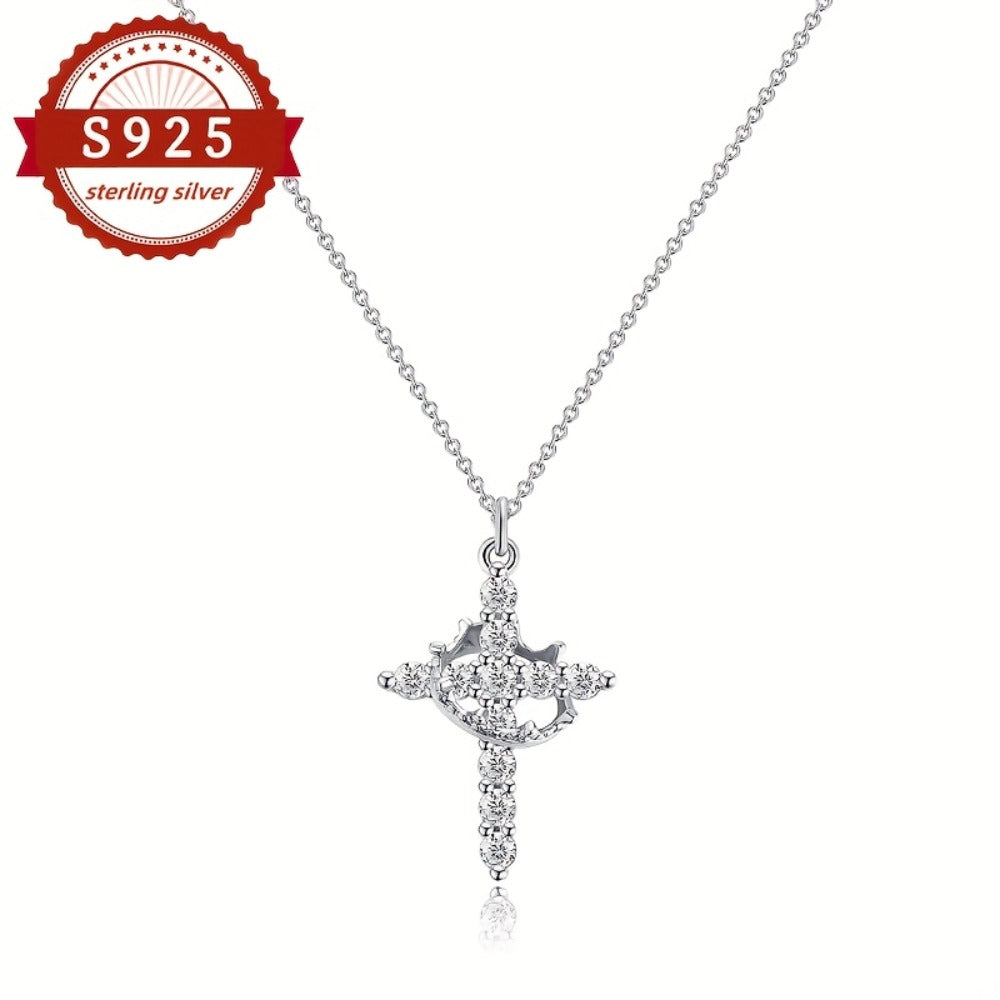 Cross Necklace - S925 Sterling Silver Crown Pendant Women Vintage Luxury Hypoallergenic - product detail view 2