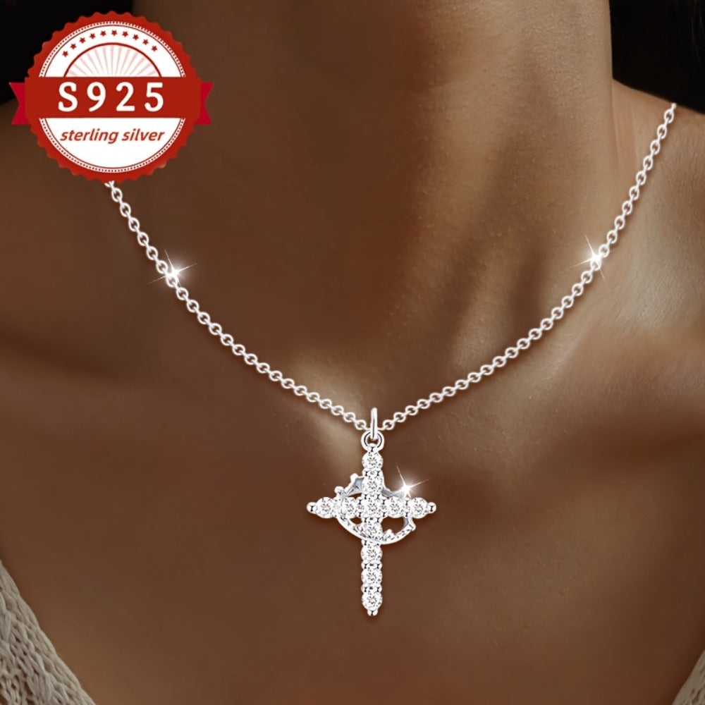 Cross Necklace - S925 Sterling Silver Crown Pendant Women Vintage Luxury Hypoallergenic - product detail view 4