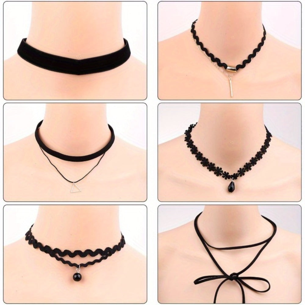 Cross Necklace - Velvet Choker Set 20Pcs for Women - Black Gothic Y2K Tattoo Lace Collar - product detail view 6