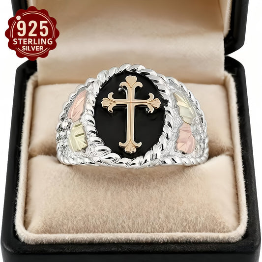 Cross Ring for Women - 925 Silver Cross, Two-Tone Signet Style - 925 silver detail