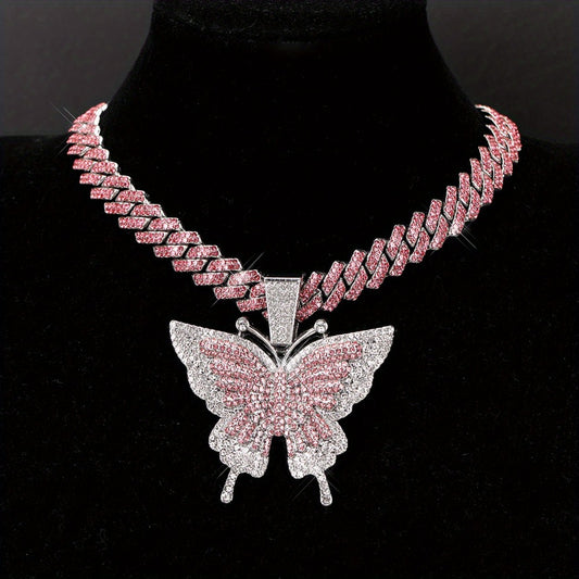 Cuban Link Chain Necklace - Butterfly Pendant for Women Colorful, Elegant Butterfly Charm Silver Gold - main product view