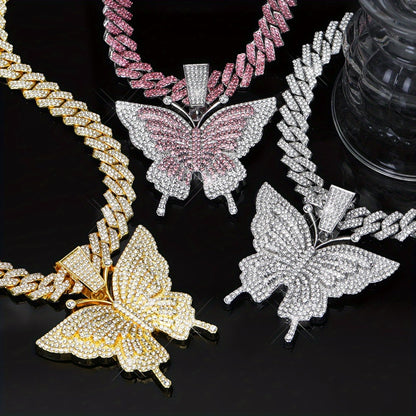 Cuban Link Chain Necklace - Butterfly Pendant for Women Colorful, Elegant Butterfly Charm Silver Gold - product detail view 2
