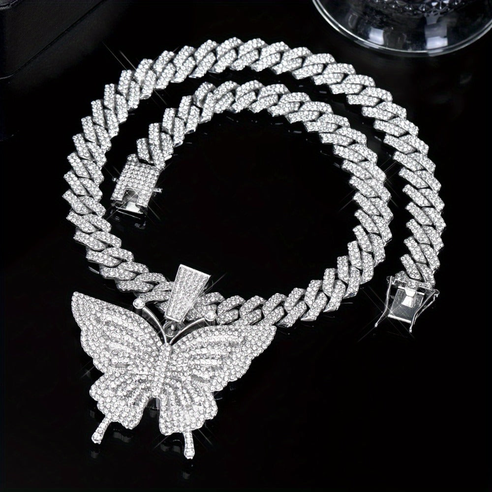 Cuban Link Chain Necklace - Butterfly Pendant for Women Colorful, Elegant Butterfly Charm Silver Gold - product detail view 3