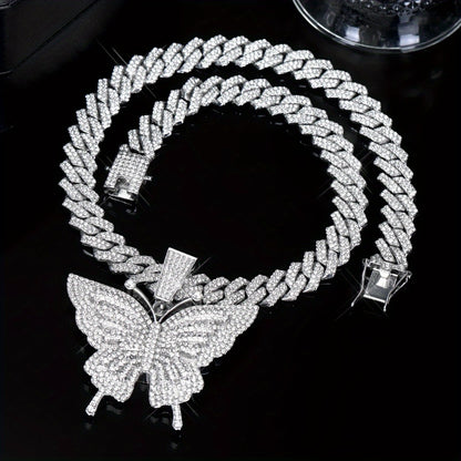 Cuban Link Chain Necklace - Butterfly Pendant for Women Colorful, Elegant Butterfly Charm Silver Gold - product detail view 3